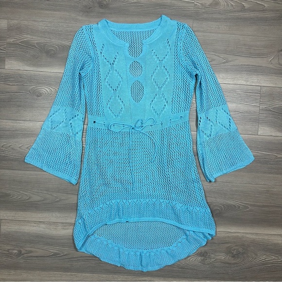 Dresses & Skirts - Aqua Crochet Bell Sleeve Swimsuit Coverup Dress High Low Hem Size M